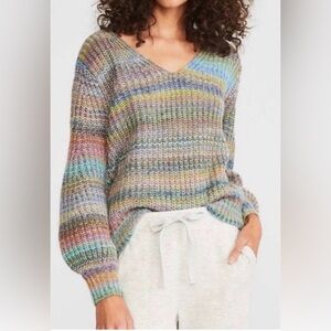 Lou & Grey for Loft Pastel Rainbow Balloon Sleeve Sweater Knit Soft V Neck Sz XS